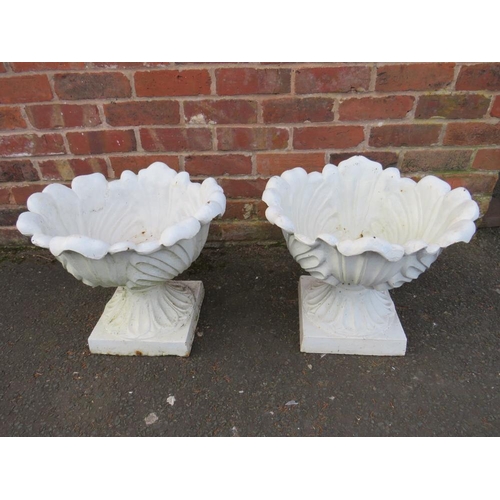 608 - A PAIR OF VINTAGE CAST IRON ACANTHUS URNS, painted white, H 40 cm, Dia. 47 cm