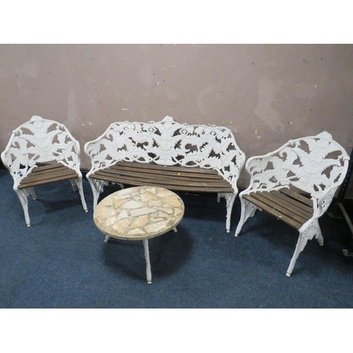 609 - A COALBROOKDALE STYLE 'LILY OF THE VALLEY' GARDEN BENCH AND PAIR OF CHAIRS, and cast aluminium circu... 