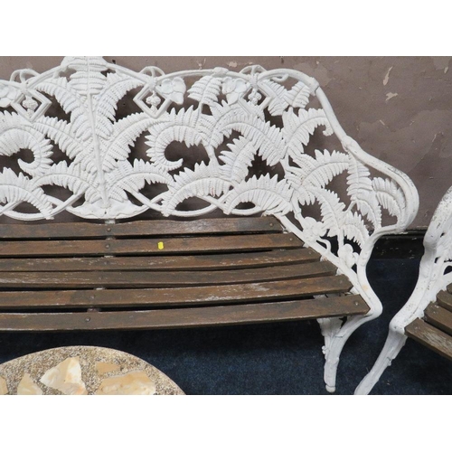 609 - A COALBROOKDALE STYLE 'LILY OF THE VALLEY' GARDEN BENCH AND PAIR OF CHAIRS, and cast aluminium circu... 