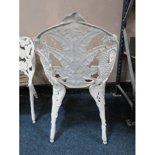 609 - A COALBROOKDALE STYLE 'LILY OF THE VALLEY' GARDEN BENCH AND PAIR OF CHAIRS, and cast aluminium circu... 