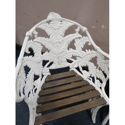 609 - A COALBROOKDALE STYLE 'LILY OF THE VALLEY' GARDEN BENCH AND PAIR OF CHAIRS, and cast aluminium circu... 