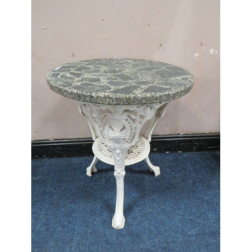 610 - A VICTORIAN STYLE CAST ALUMINIUM PUB STYLE TABLE, with a stone / concrete circular top, H 74 cm, Dia... 