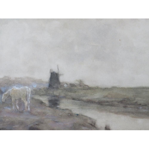 93 - HERBERT NYE (1885-1927). Impressionist river landscape with horse, windmill and farm buildings, sign... 