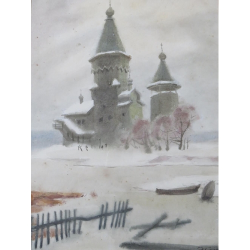 94 - (XIX-XX). Russian school, wintery river landscape with church, signed lower right, watercolour, fram... 