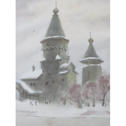 94 - (XIX-XX). Russian school, wintery river landscape with church, signed lower right, watercolour, fram... 