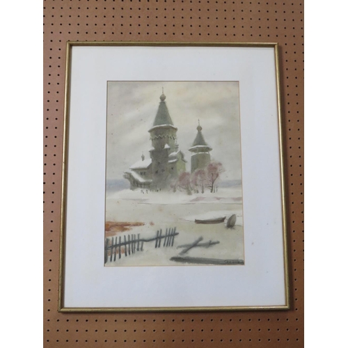 94 - (XIX-XX). Russian school, wintery river landscape with church, signed lower right, watercolour, fram... 