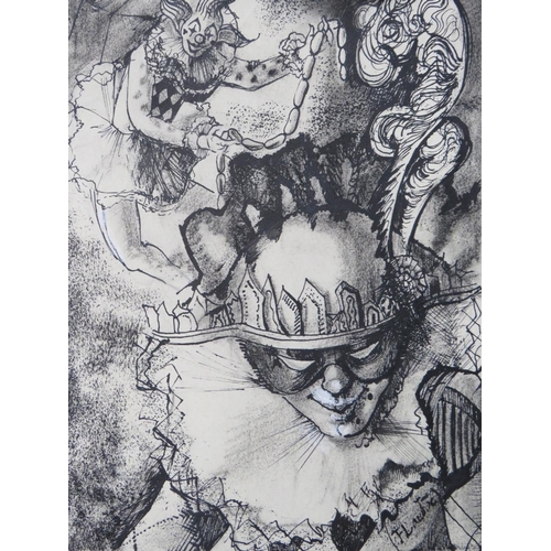 15 - (XX). Modernist study of clowns, signed lower right, pen and ink on paper, unframed, 21 x 15 cm