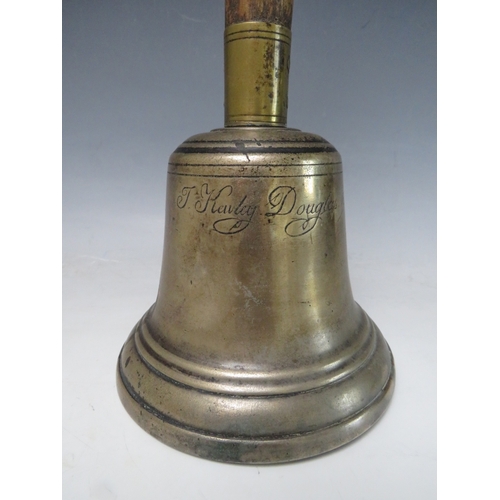 407 - A 19TH CENTURY ISLE OF MAN WOODEN HANDLED HANDBELL, inscribed J. Kewley, Douglas, 1835', overall H 3... 