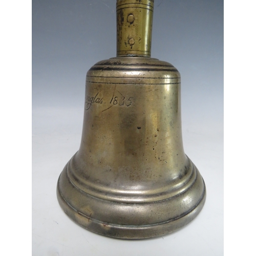 407 - A 19TH CENTURY ISLE OF MAN WOODEN HANDLED HANDBELL, inscribed J. Kewley, Douglas, 1835', overall H 3... 