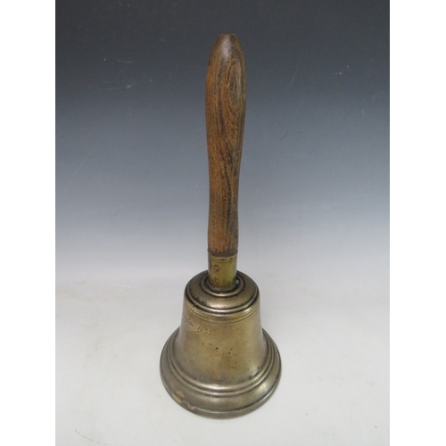 407 - A 19TH CENTURY ISLE OF MAN WOODEN HANDLED HANDBELL, inscribed J. Kewley, Douglas, 1835', overall H 3... 