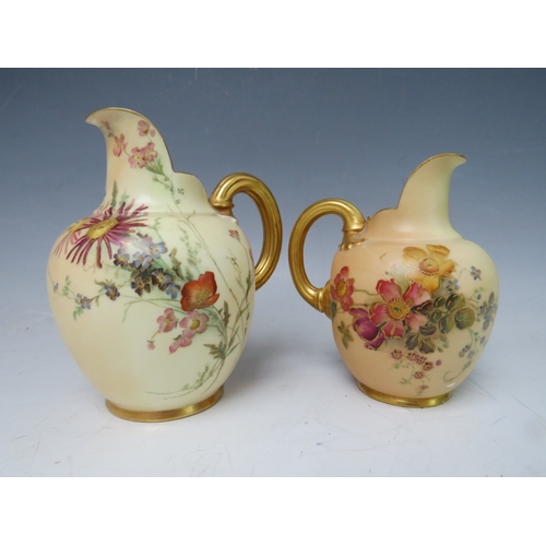 457 - TWO  VINTAGE ROYAL WORCESTER CREAM / MILK JUGS, with flower decoration and gilt handles, Reg No. 291... 