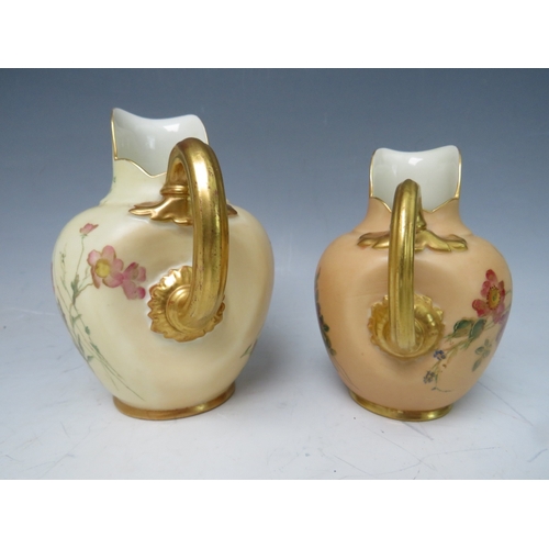 457 - TWO  VINTAGE ROYAL WORCESTER CREAM / MILK JUGS, with flower decoration and gilt handles, Reg No. 291... 