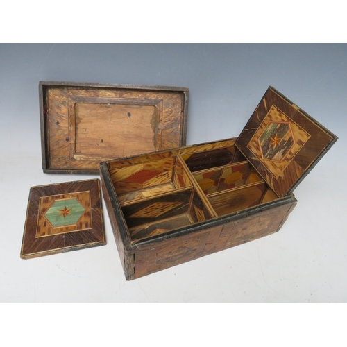 525 - AN EARLY PRISONER OF WAR STRAW WORK DECORATIVE BOX, with two inner lidded compartments, H 11 cm, W 2... 