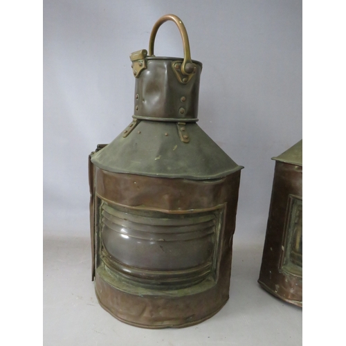 526 - TWO LARGE 19TH CENTURY OIL LANTERNS, with makers name on one 'Telford, Frier & Mackay, Glasgow', H 4... 