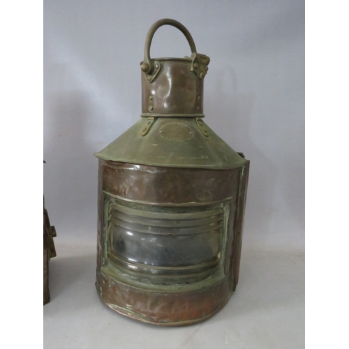 526 - TWO LARGE 19TH CENTURY OIL LANTERNS, with makers name on one 'Telford, Frier & Mackay, Glasgow', H 4... 