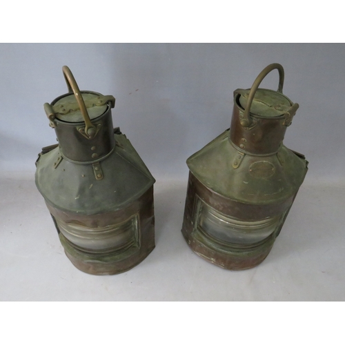 526 - TWO LARGE 19TH CENTURY OIL LANTERNS, with makers name on one 'Telford, Frier & Mackay, Glasgow', H 4... 