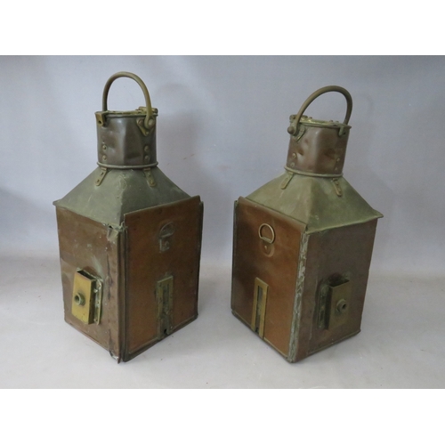 526 - TWO LARGE 19TH CENTURY OIL LANTERNS, with makers name on one 'Telford, Frier & Mackay, Glasgow', H 4... 