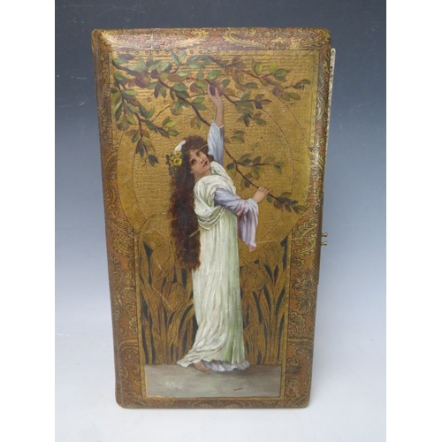 527 - A PHOTOGRAPH ALBUM DATED 1916 ON INNER COVER, with mixed media painting of a young woman in classica... 