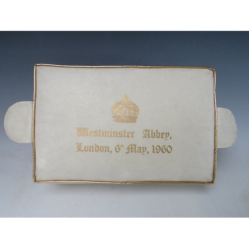 528 - A CREAM LEATHER COVERED HASSOCK, from the marriage of Princess Margaret and Anthony Armstrong Jones ... 