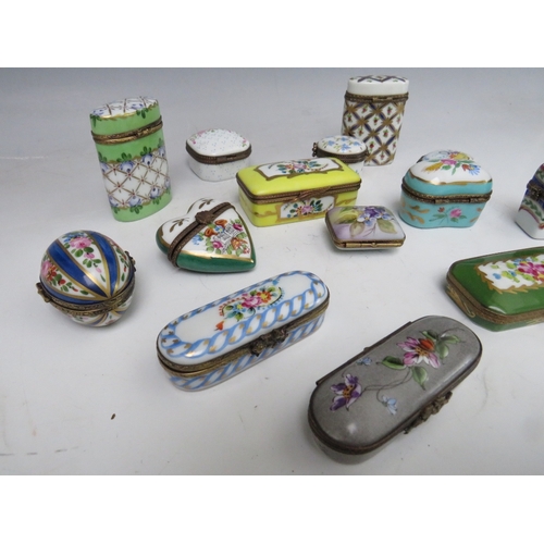 195 - A COLLECTION OF FOURTEEN LIMOGES PILL BOXES ETC., to include a heart shaped and an egg shaped exampl... 