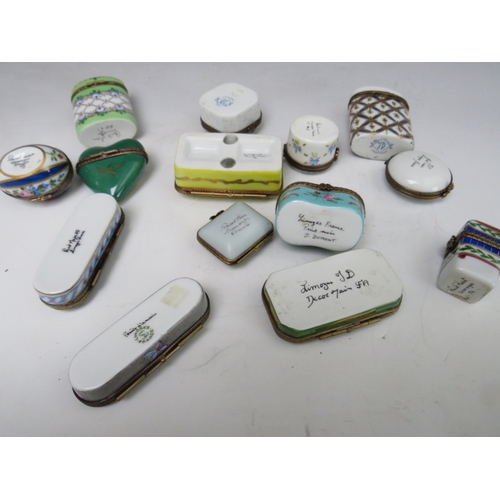 195 - A COLLECTION OF FOURTEEN LIMOGES PILL BOXES ETC., to include a heart shaped and an egg shaped exampl... 