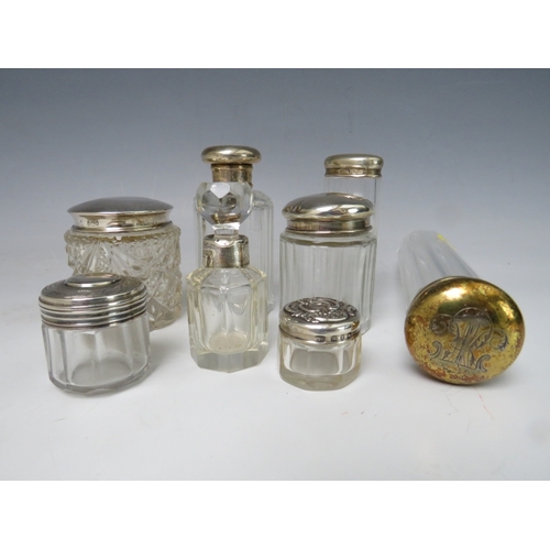 196 - A COLLECTION OF HALLMARKED SILVER LIDDED VANITY JARS, tallest H 16 cm, together with a small silver ... 