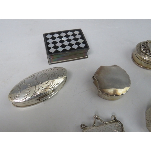 198 - A COLLECTION OF NINE HALLMARKED SILVER AND 925 PILL BOXES, to include a handbag shaped example and a... 