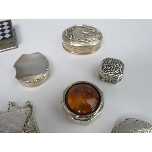 198 - A COLLECTION OF NINE HALLMARKED SILVER AND 925 PILL BOXES, to include a handbag shaped example and a... 