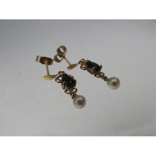 264 - A PAIR OF 9CT GOLD SAPPHIRE EARRINGS, with pearl type dropper