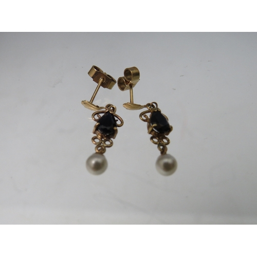 264 - A PAIR OF 9CT GOLD SAPPHIRE EARRINGS, with pearl type dropper