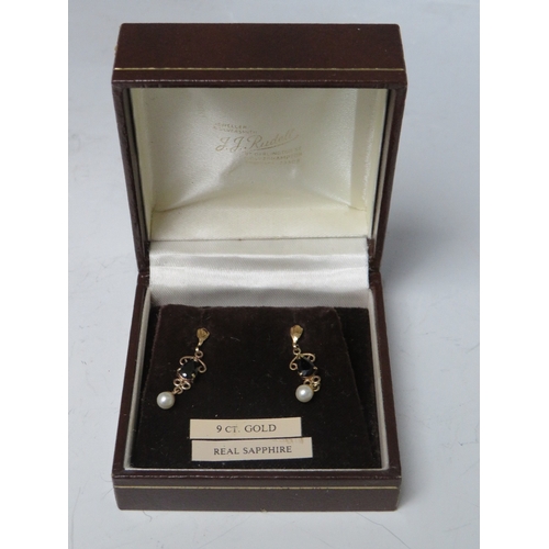 264 - A PAIR OF 9CT GOLD SAPPHIRE EARRINGS, with pearl type dropper