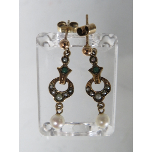 266 - A PAIR OF 9CT GOLD VINTAGE STYLE SEED PEARL AND TURQUOISE SET EARRINGS, with pearl type dropper