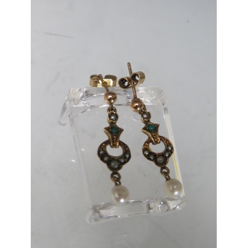 266 - A PAIR OF 9CT GOLD VINTAGE STYLE SEED PEARL AND TURQUOISE SET EARRINGS, with pearl type dropper