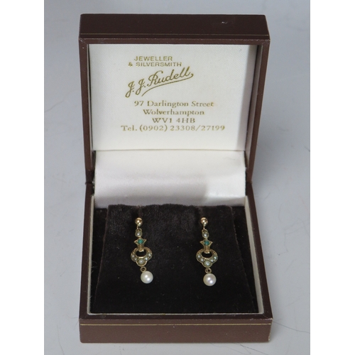 266 - A PAIR OF 9CT GOLD VINTAGE STYLE SEED PEARL AND TURQUOISE SET EARRINGS, with pearl type dropper