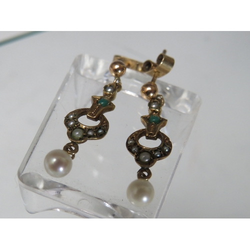 266 - A PAIR OF 9CT GOLD VINTAGE STYLE SEED PEARL AND TURQUOISE SET EARRINGS, with pearl type dropper