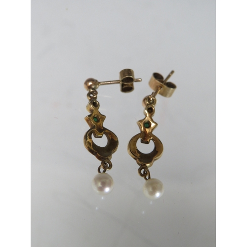 266 - A PAIR OF 9CT GOLD VINTAGE STYLE SEED PEARL AND TURQUOISE SET EARRINGS, with pearl type dropper