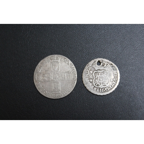 311 - A WILLIAM III SHILLING TOGETHER WITH A SPANISH REAL? TYPE COIN (2)