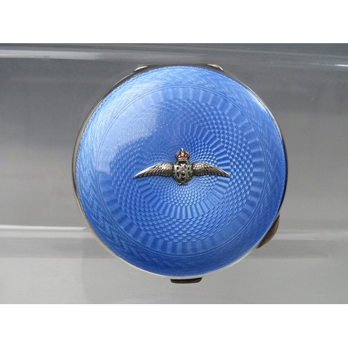 192 - A HALLMARKED SILVER AND GUILLOCHE ENAMEL R.A.F. POWDER COMPACT, together with an RAF silver sweethea... 