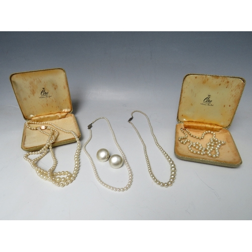 254 - TWO CIRO PEARL NECKLACES WITH 9CT GOLD CLASPS, together tih two examples having silver clasps etc.