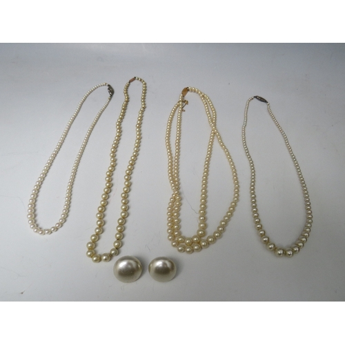 254 - TWO CIRO PEARL NECKLACES WITH 9CT GOLD CLASPS, together tih two examples having silver clasps etc.