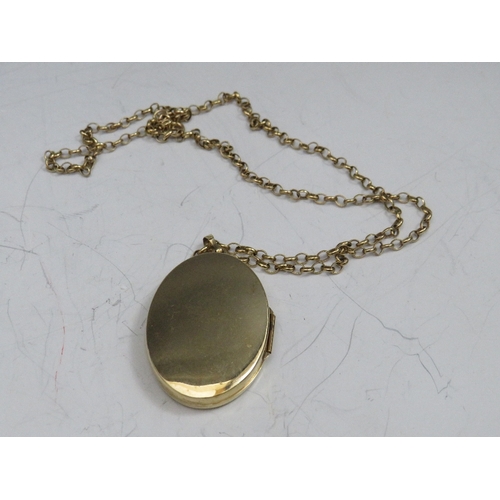 233 - A HALLMARKED 9CT GOLD PENDANT LOCKET, indistinct marks to loop, suspended on a 9ct gold belcher chai... 