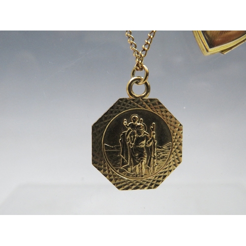 234 - A HALLMARKED 9CT GOLD ST CHRISTOPHER PENDANT ON CHAIN, approximately 7 g, together with a 9ct gold h... 