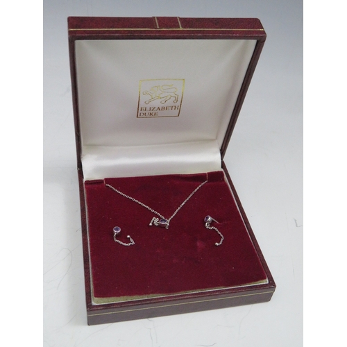 235 - AN 18CT WHITE GOLD GEM SET FINE PENDANT AND EARRINGS SET, approximately 2.8 g