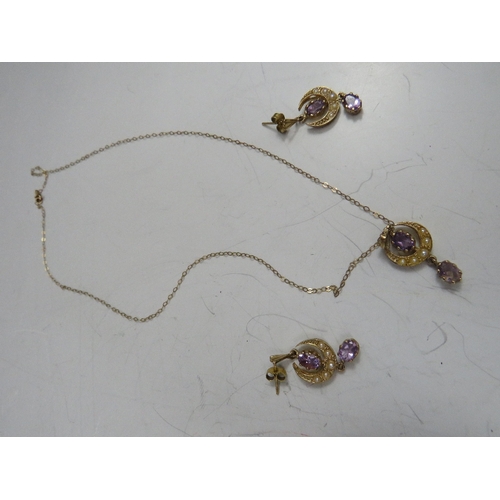 237 - A 9CT GOLD AMETHYST AND SEED PEARL PENDANT AND EARRINGS SET, approximately 5.3 g