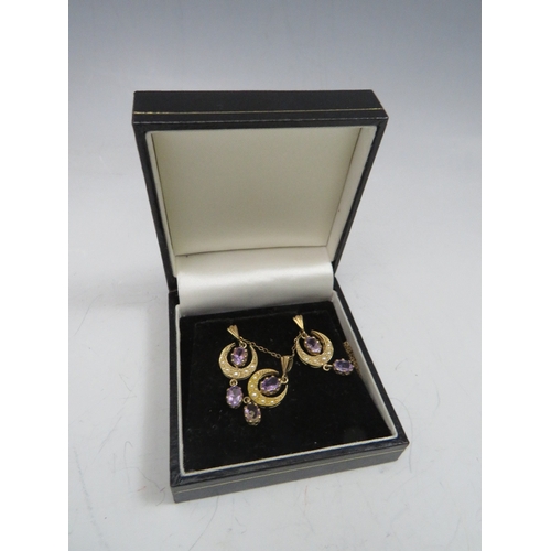 237 - A 9CT GOLD AMETHYST AND SEED PEARL PENDANT AND EARRINGS SET, approximately 5.3 g