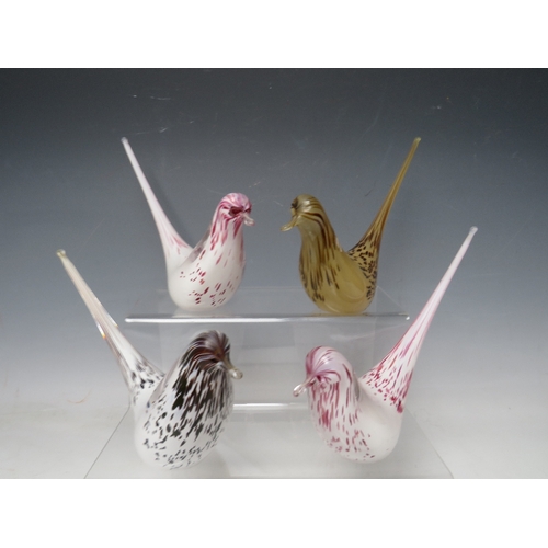 427 - A COLLECTION OF FOUR WEDGWOOD LONG TAIL GLASS BIRDS, varying colourways, two being signed to base, o... 