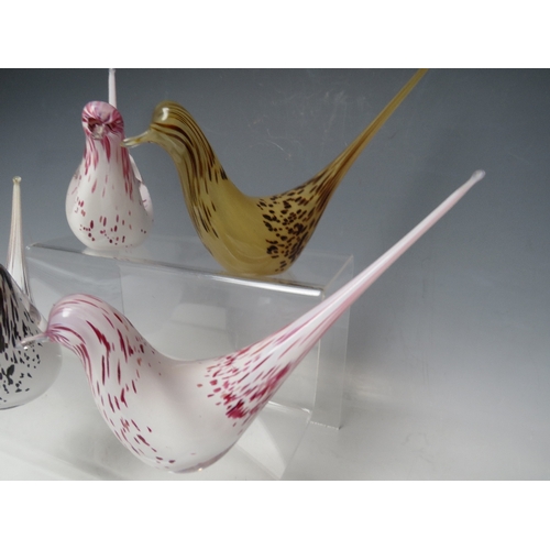 427 - A COLLECTION OF FOUR WEDGWOOD LONG TAIL GLASS BIRDS, varying colourways, two being signed to base, o... 