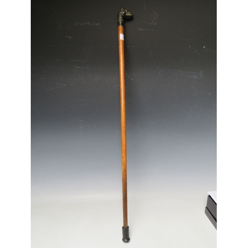 539 - A MALACCA WALKING CANE WITH BRONZE TYPE BOXER DOG POMMEL WITH GLASS EYES, L 81 cm