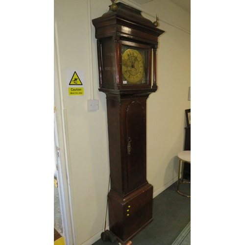 556 - RICH SCHOFIELD - A BRASS FACED LONGCASE CLOCK WITH 30 HOUR MOVEMENT, the face with Roman and Arabic ... 