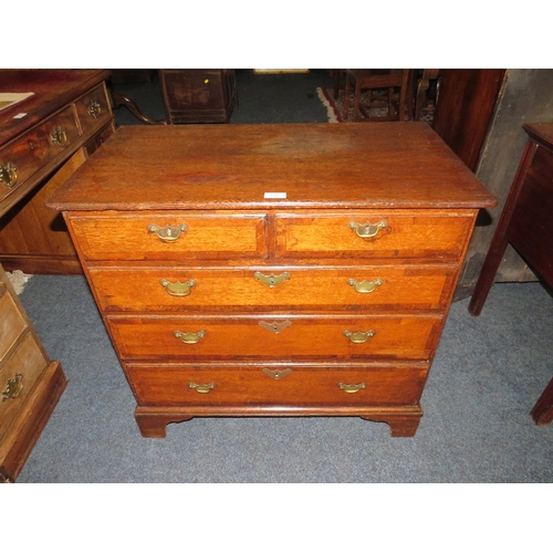 572 - A 19TH CENTURY OAK CROSSBANDED CHEST OF SMALL PROPORTIONS, with two short above three longer graduat... 